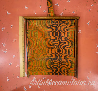 Orange and Brown vintage fabric folding basket with lightweight stained wooden frame