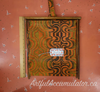 Orange and Brown vintage fabric folding basket with lightweight stained wooden frame