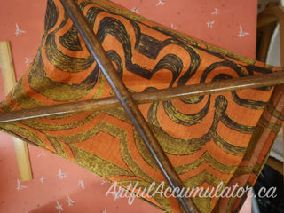 Orange and Brown vintage fabric folding basket with lightweight stained wooden frame