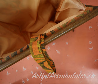 Orange and Brown vintage fabric folding basket with lightweight stained wooden frame