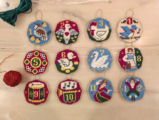 "12 Days of Christmas" Complete set of  hand-finished needlepoint ornaments -  - #tag1# - #tag2# - #tag3# - #tag4# - the Artful Accumulator's Vintage Boutique