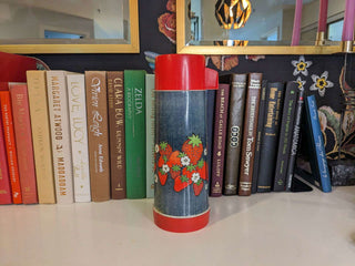 Aladdin Thermos - Strawberries on blue background with red lid - Artful Accumulator Boutique Vintage