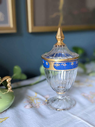 Blue and Gold lustre stemmed and footer candy dish with removable lid and small painted flowers - Artful Accumulator Boutique Vintage