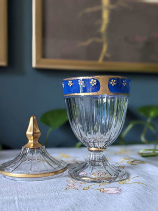 Blue and Gold lustre stemmed and footer candy dish with removable lid and small painted flowers - Artful Accumulator Boutique Vintage
