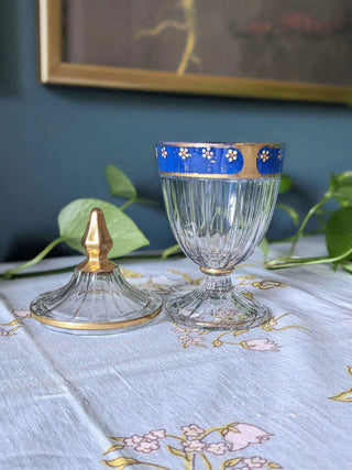 Blue and Gold lustre stemmed and footer candy dish with removable lid and small painted flowers - Artful Accumulator Boutique Vintage