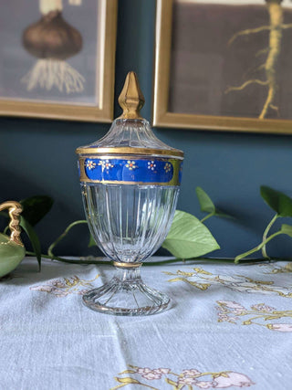 Blue and Gold lustre stemmed and footer candy dish with removable lid and small painted flowers - Artful Accumulator Boutique Vintage