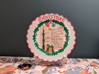 "Christmas + Carol" an opalescent holiday plate with scalloped edges, hand painted by Carol -  - #tag1# - #tag2# - #tag3# - #tag4# - the Artful Accumulator's Vintage Boutique