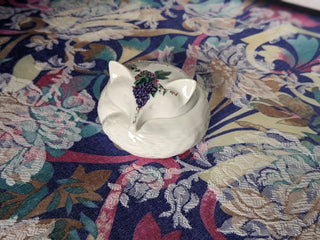 "Cozy White Fox" little white fox trinket box with purple and green florals, round -  - #tag1# - #tag2# - #tag3# - #tag4# - the Artful Accumulator's Vintage Boutique