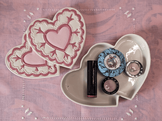 Pink "Double Heart" lidded trinket box with beaded lace details -  - #tag1# - #tag2# - #tag3# - #tag4# - the Artful Accumulator's Vintage Boutique