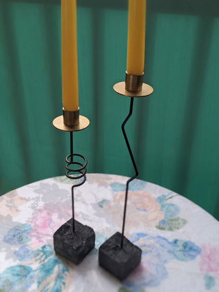 "Dramatic Abstraction" candelabras made from metal, brass, and weighted stone base, set of two -  - #tag1# - #tag2# - #tag3# - #tag4# - the Artful Accumulator's Vintage Boutique