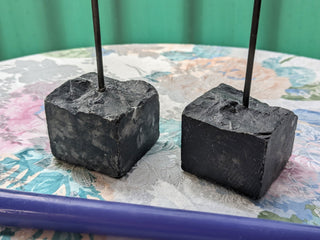 "Dramatic Abstraction" candelabras made from metal, brass, and weighted stone base, set of two -  - #tag1# - #tag2# - #tag3# - #tag4# - the Artful Accumulator's Vintage Boutique