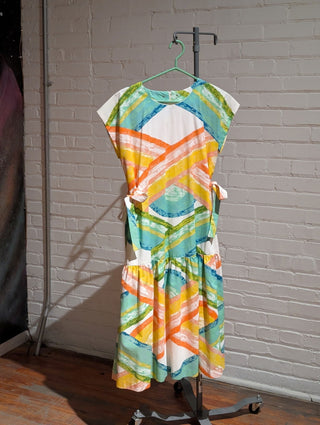 Drop waist dress with ribbon ties abstract build pattern - Artful Accumulator Boutique Vintage
