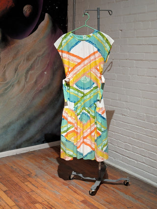Drop waist dress with ribbon ties abstract build pattern - Artful Accumulator Boutique Vintage