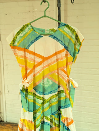 Drop waist dress with ribbon ties abstract build pattern - Artful Accumulator Boutique Vintage