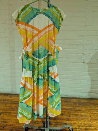 Drop waist dress with ribbon ties abstract build pattern - Artful Accumulator Boutique Vintage