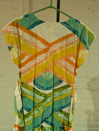 Drop waist dress with ribbon ties abstract build pattern - Artful Accumulator Boutique Vintage