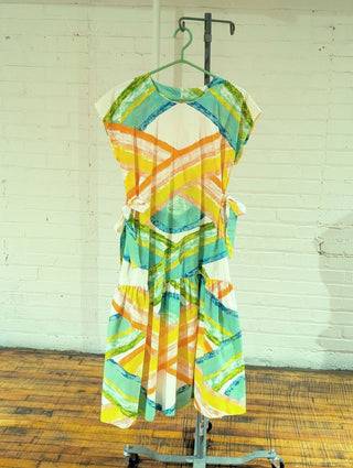 Drop waist dress with ribbon ties abstract build pattern - Artful Accumulator Boutique Vintage