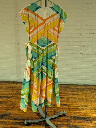 Drop waist dress with ribbon ties abstract build pattern - Artful Accumulator Boutique Vintage