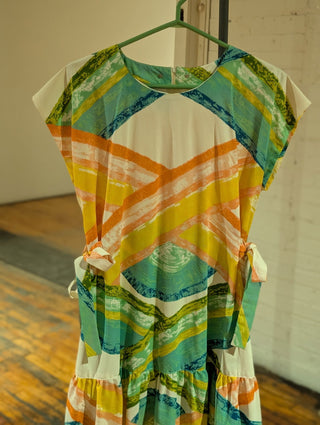 Drop waist dress with ribbon ties abstract build pattern - Artful Accumulator Boutique Vintage