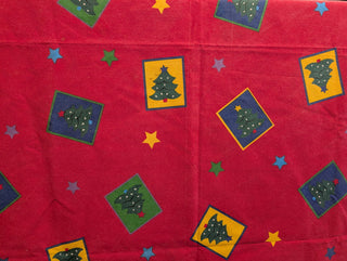 Esther - rectangle christmas tablecloth - red with framed christmas tree and star graphics - Artful Accumulator Boutique Vintage