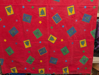 Esther - rectangle christmas tablecloth - red with framed christmas tree and star graphics - Artful Accumulator Boutique Vintage