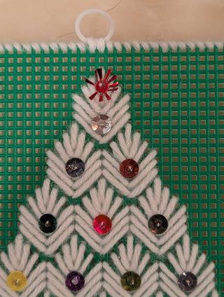 Hand sewn & sequined Christmas tree on green plastic canvas -  - #tag1# - #tag2# - #tag3# - #tag4# - the Artful Accumulator's Vintage Boutique