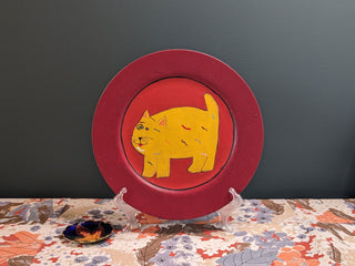 "Julie's Cat Plate" red plate, handpainted with a large yellow cat, using acrylic paint, signed by JULIE -  - #tag1# - #tag2# - #tag3# - #tag4# - the Artful Accumulator's Vintage Boutique