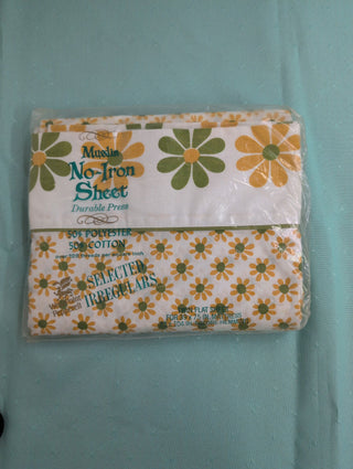 Margaret - twin Top Sheet - Golden yellow and avocado Green flowers - original packaging - Artful Accumulator Boutique Vintage