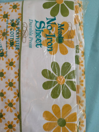 Margaret - twin Top Sheet - Golden yellow and avocado Green flowers - original packaging - Artful Accumulator Boutique Vintage