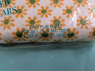 Margaret - twin Top Sheet - Golden yellow and avocado Green flowers - original packaging - Artful Accumulator Boutique Vintage