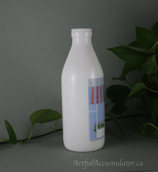 Milk Glass Bottle by Arpac with design: trees with leaves, flowers, storefront -  - #tag1# - #tag2# - #tag3# - #tag4# - the Artful Accumulator's Vintage Boutique