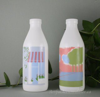 Milk Glass Bottle by Arpac with design: trees with leaves, flowers, storefront -  - #tag1# - #tag2# - #tag3# - #tag4# - the Artful Accumulator's Vintage Boutique