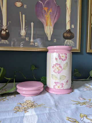 Pot de rangement en céramique rose avec couvercle et motif floral des années 90