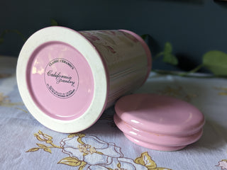 Pot de rangement en céramique rose avec couvercle et motif floral des années 90