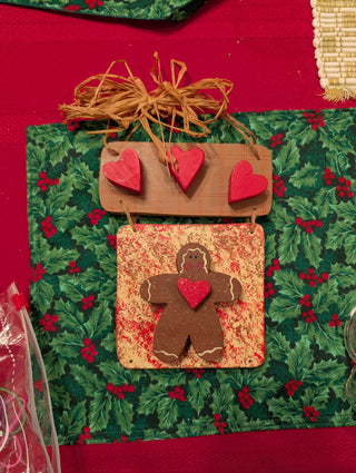 Gingerbread Man & Hearts Door Hanger with straw accent