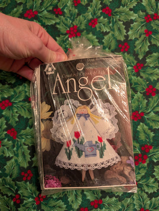 set of 2, Cross-stitch kit: Clothespin Angels, vintage