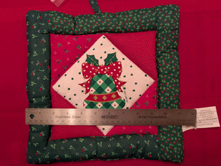 Holiday Plaid Bell with Red Bow on sewn Trivet, decorative, hanging, R.D & D 1993