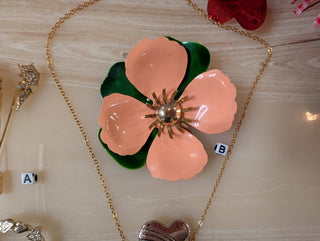 Orange Tahitian Flower :: Large Floral four light orange petals and green leaves, brass stamens, brooch, Sarah LUV