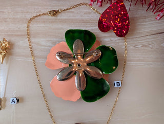 Orange Tahitian Flower :: Large Floral four light orange petals and green leaves, brass stamens, brooch, Sarah LUV