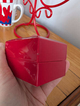 Red Ring Box made with hard plastic, metal hinge, clamshell style