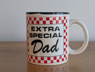 Extra Special Dad, checkered red, white, and black mug with hearts