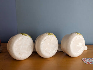 trio of mushroom themed soup bowls with handles, handmade and handpainted