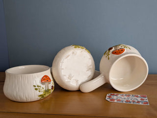 trio of mushroom themed soup bowls with handles, handmade and handpainted