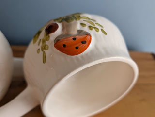 trio of mushroom themed soup bowls with handles, handmade and handpainted
