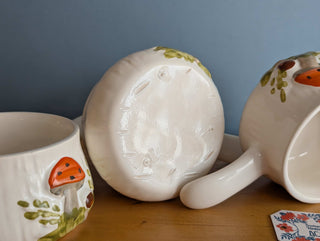 trio of mushroom themed soup bowls with handles, handmade and handpainted