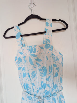 Dress - apron style - bright blue roses on a bright white, unlined lightweight fabric