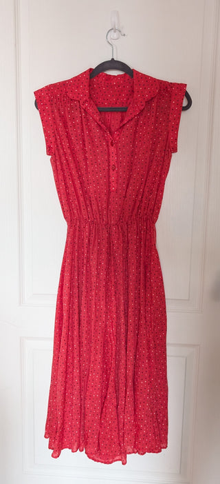 Abelia - button up fit & flare shirt dress with pockets - red light fabric with dots (dark blue, light red, dark green, white)