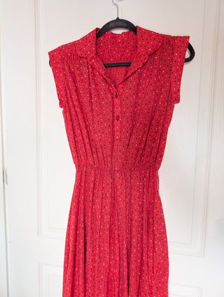 Abelia - button up fit & flare shirt dress with pockets - red light fabric with dots (dark blue, light red, dark green, white)