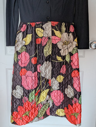 Eva - hostess dress - beautiful black collared, button up dress with brightly coloured quilted floral skirt