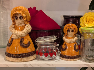 Raggedy Ann ceramic sculptural salt and pepper shakers, 1970s, signed by Evelyn